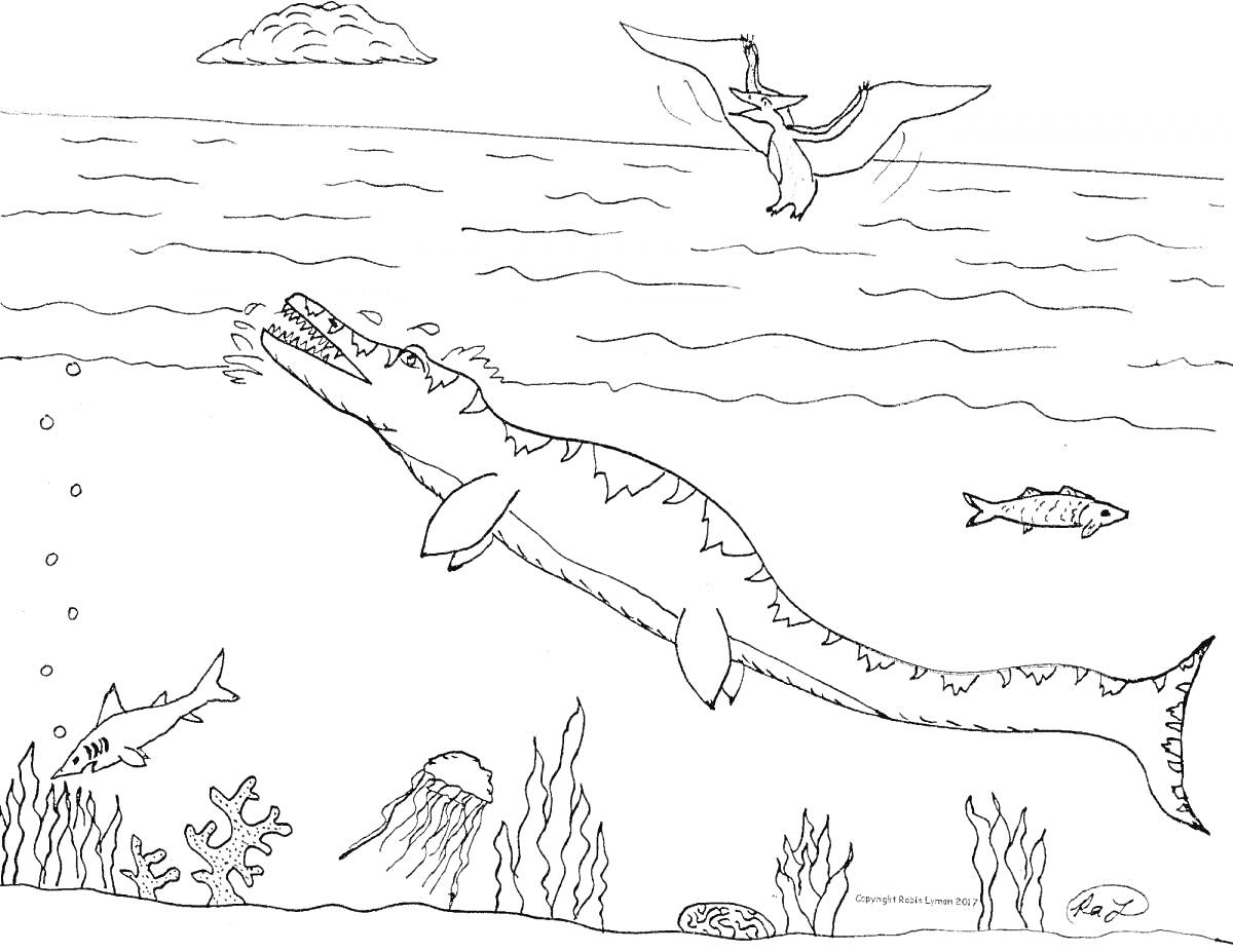 Раскраска Водяной динозавр, акула, медуза и водоросли, птерозавр в небе, рыбы