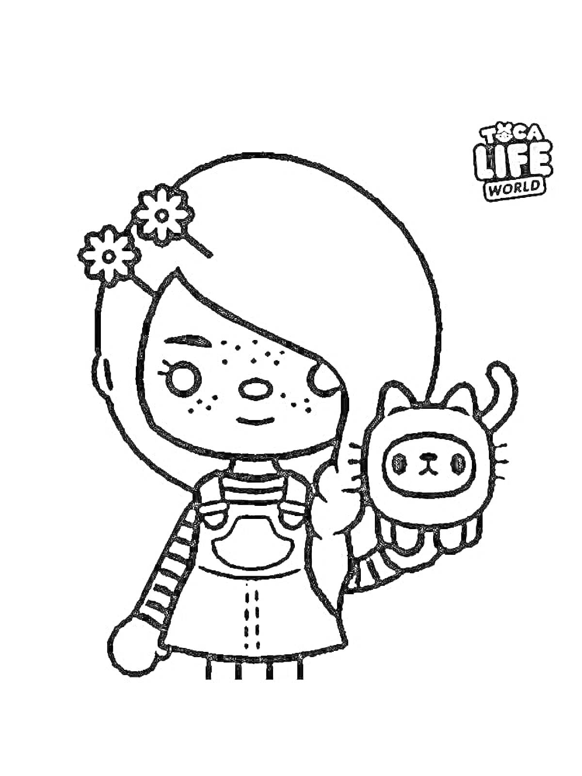Раскраска Девочка с косичкой и цветами в волосах держит игрушечного кота