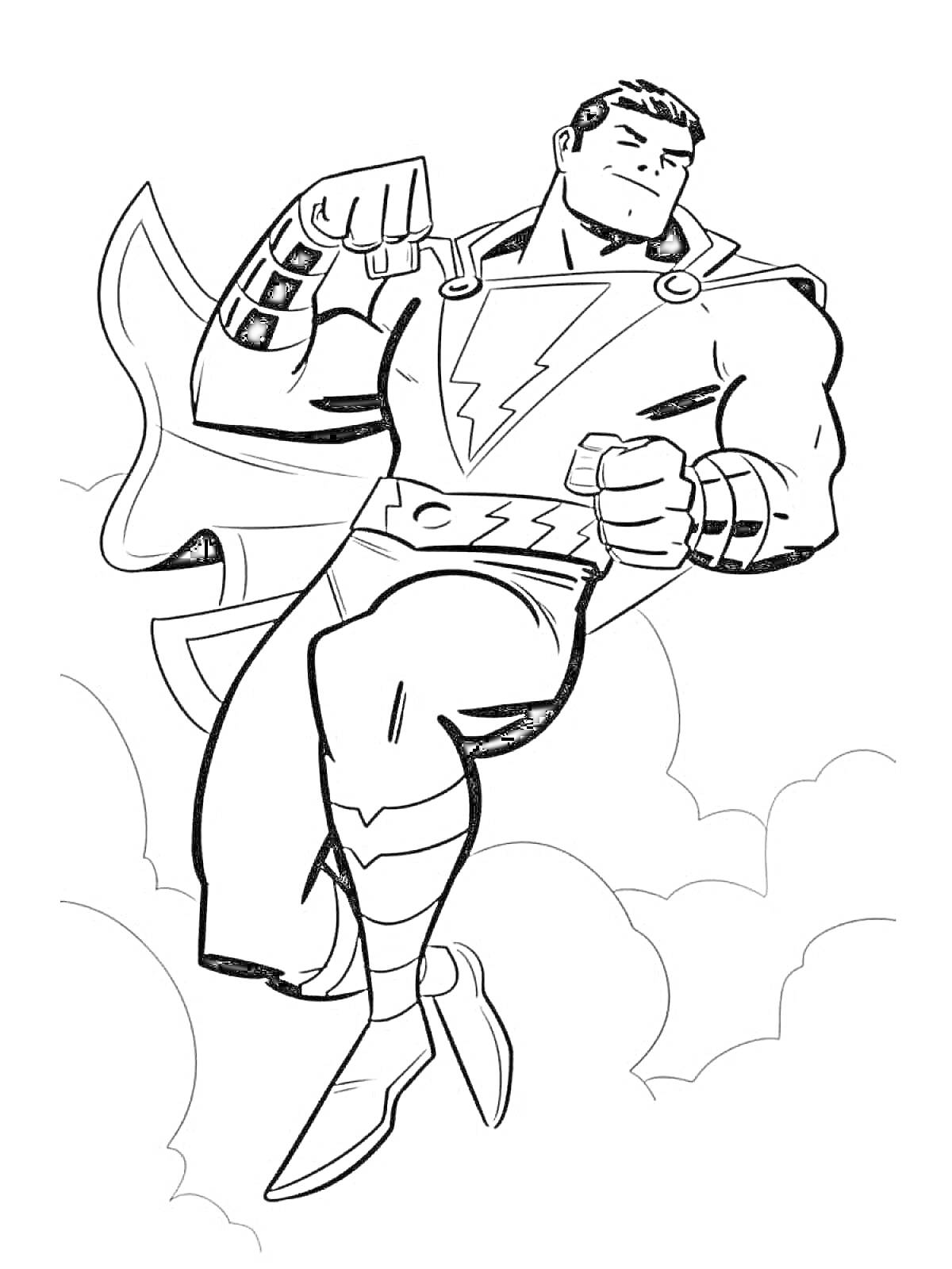 Раскраска Супергерой Шазам в полете среди облаков