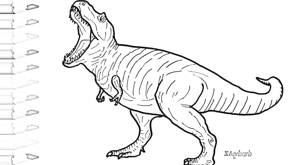 Раскраска Ти-рекс с открытой пастью, набор карандашей слева