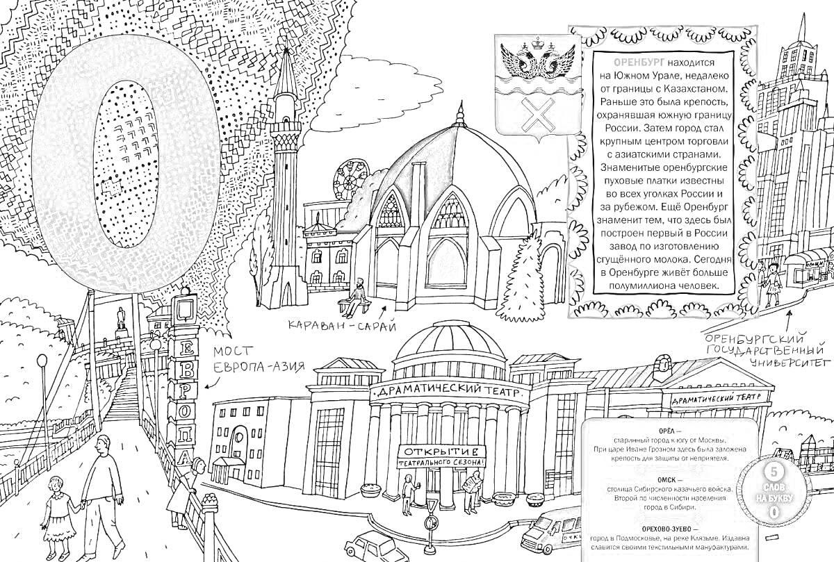 На раскраске изображено: Оренбург, Достопримечательности, Мост, Площадь, Культура