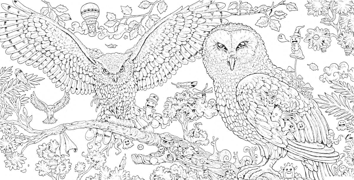 Раскраска Две совы на ветке с цветами и декоративными элементами