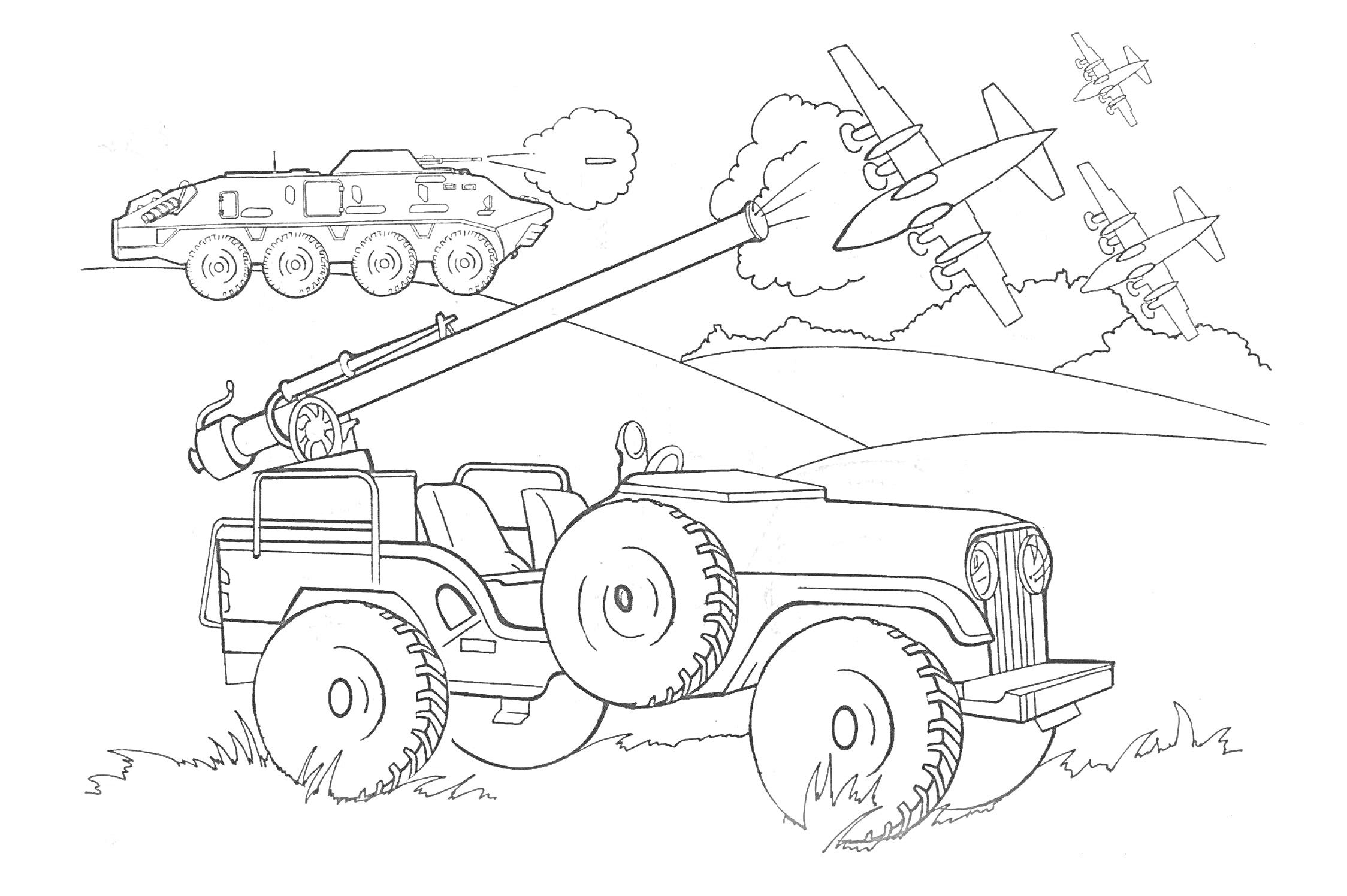 Раскраска Военная техника с грузовиком с пушкой, бронетранспортёром и самолётами.