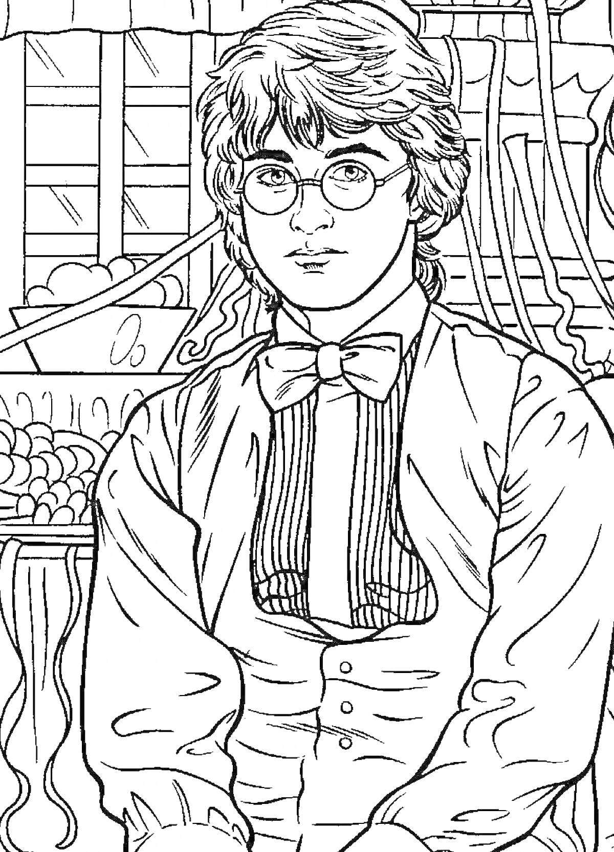 Раскраска Гарри Поттер в очках с бабочкой на фоне магазина со сладостями