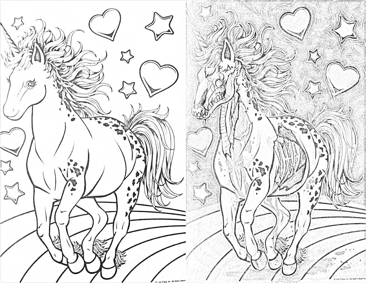 Раскраска Единорог с сердцами и звездами, радужный фон