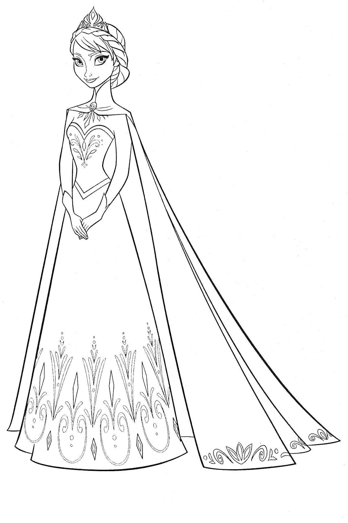 Раскраска Эльза в длинном платье с узорами и плащом, с короной