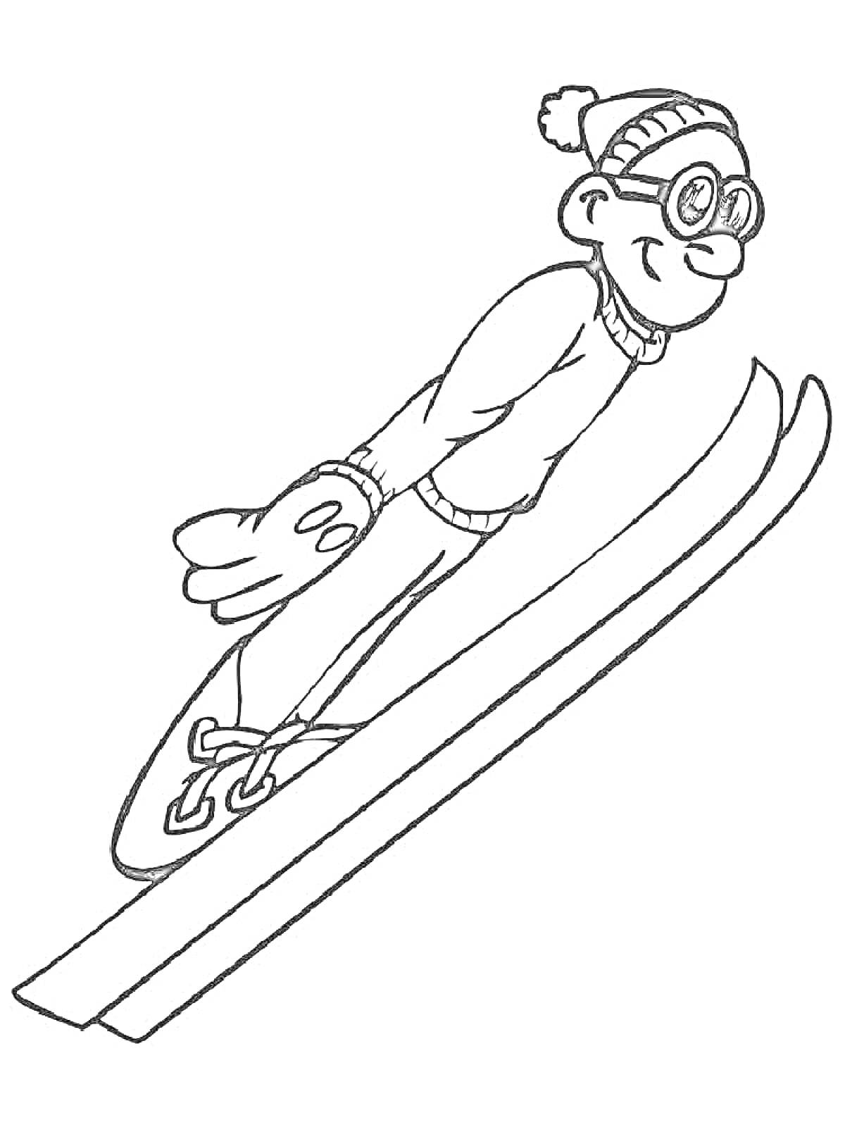 Раскраска Мужчина на лыжах с шапкой и очками