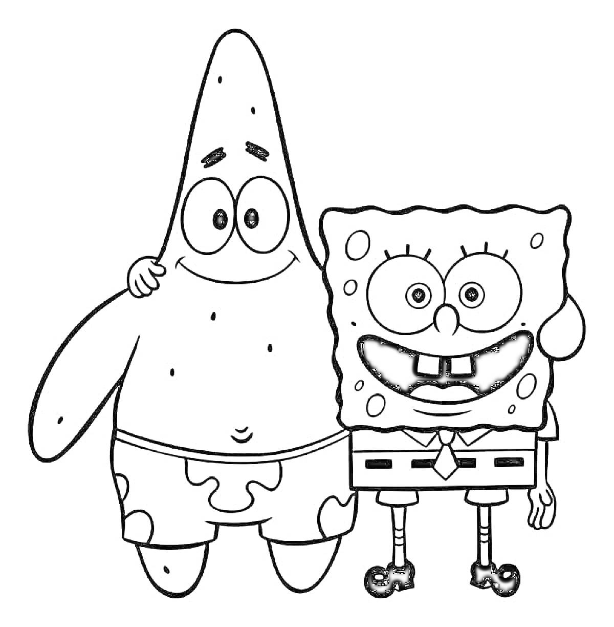 Раскраска Патрик и Губка Боб стоят рядом и обнимаются