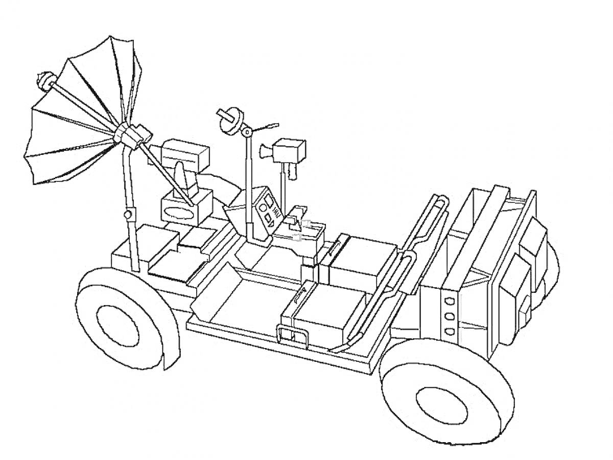 луноход с антенным модулем, сиденьями, камерами, колёсами и панелями управления
