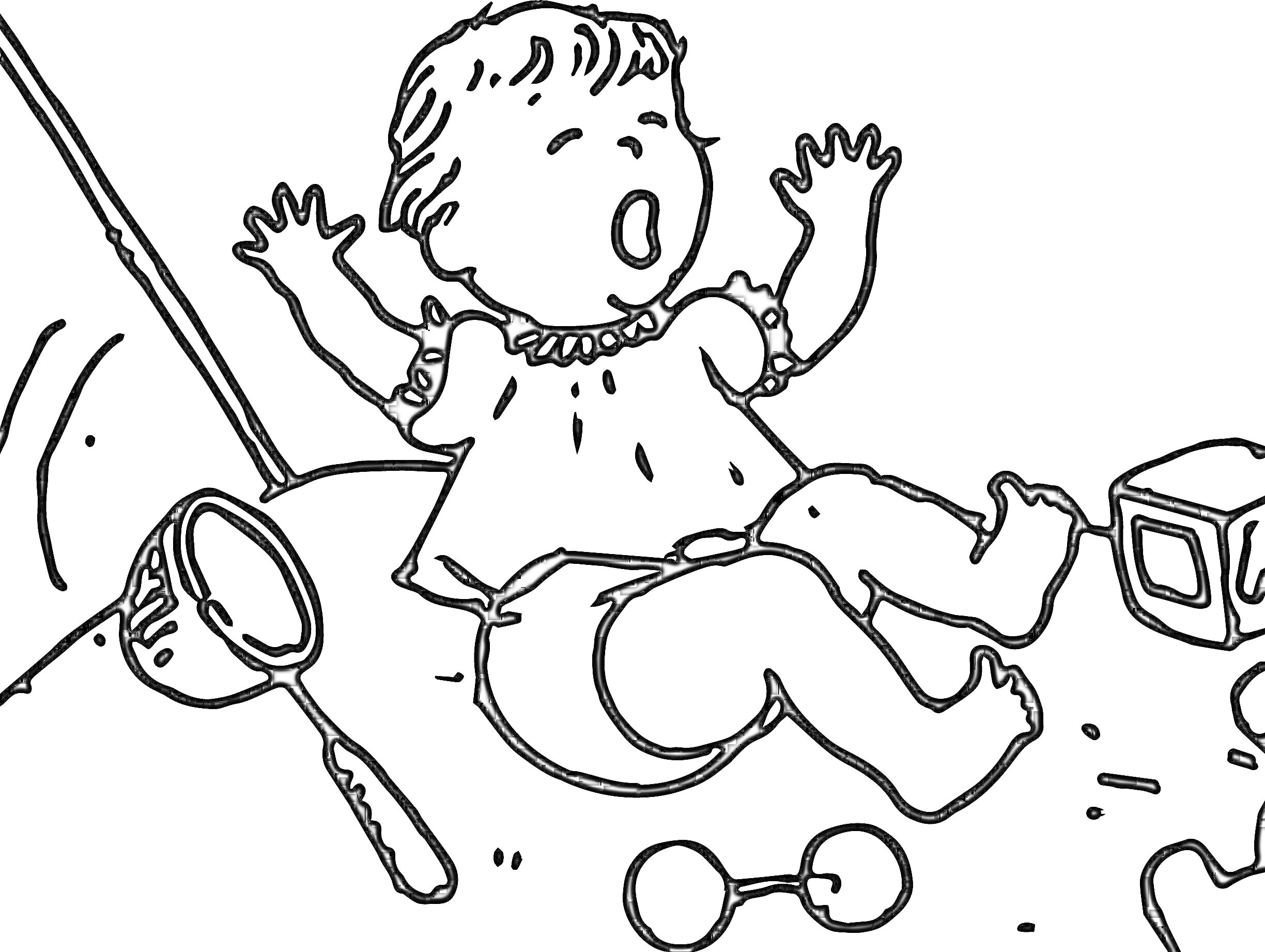Раскраска Плачущий младенец на полу с игрушками (погремушка, кубик, ковшик)