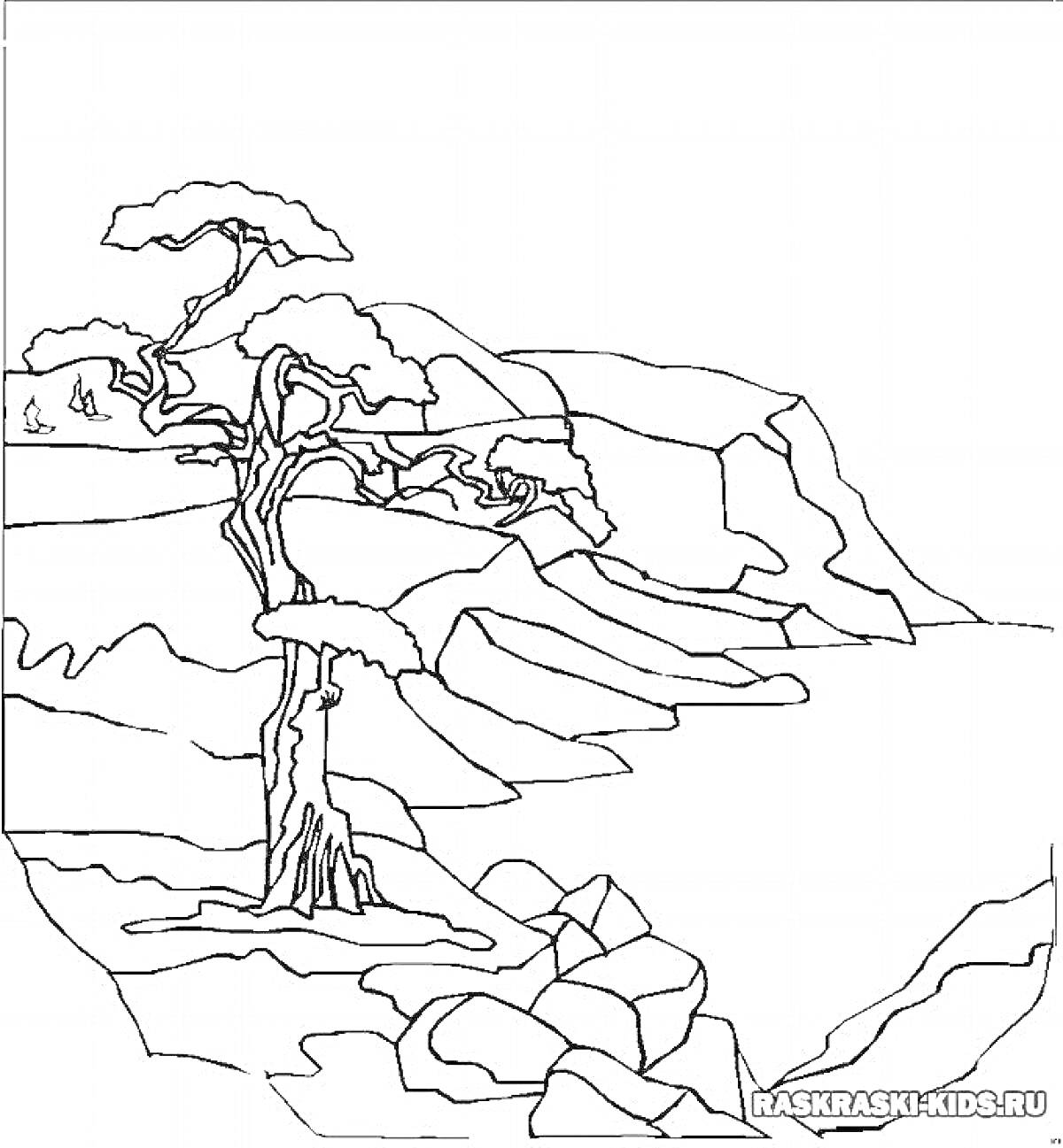 На раскраске изображено: Крым, Природа, Пейзаж, Скалы, Горы, Камни, Деревья, Контурные рисунки
