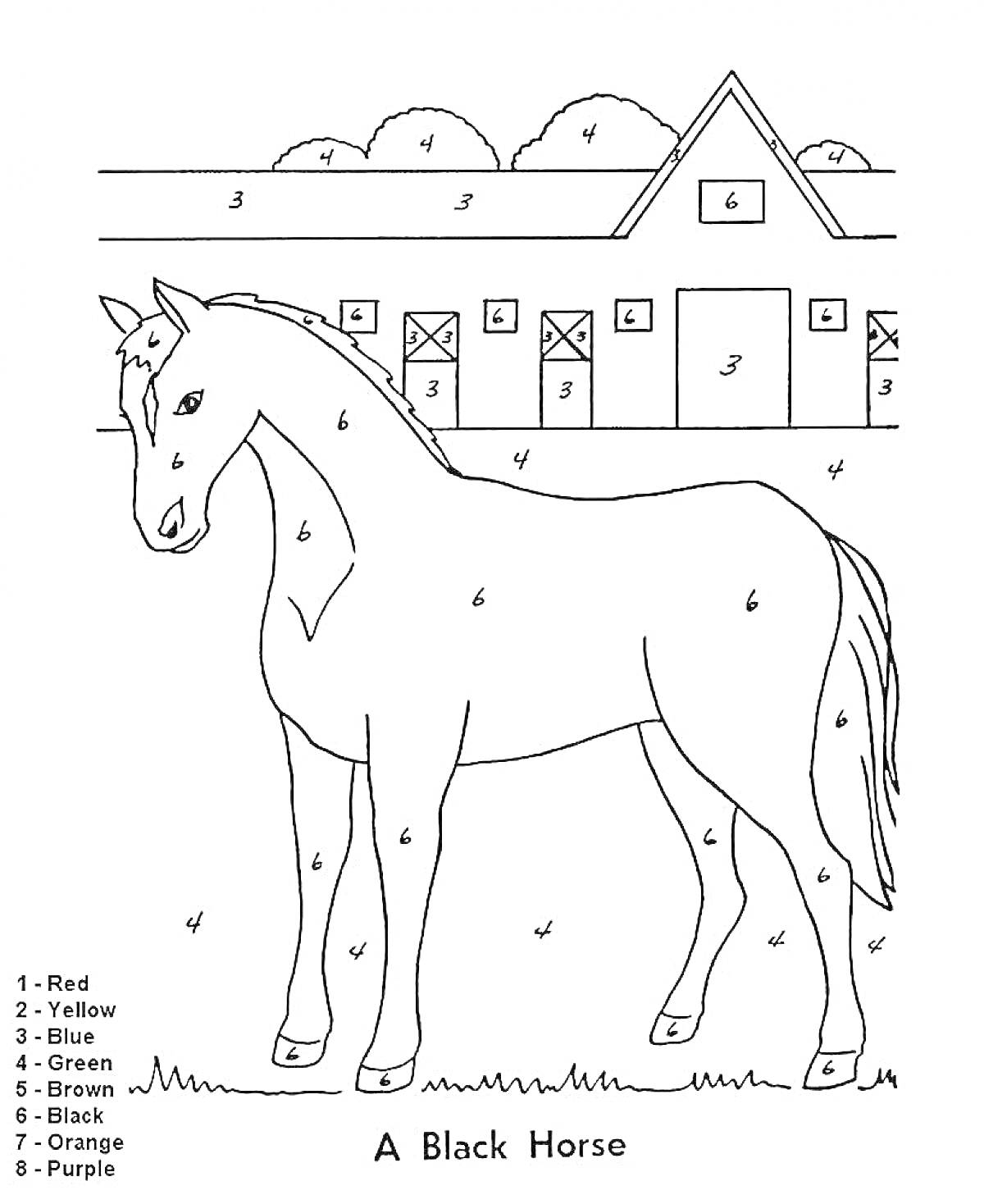 Раскраска Черная лошадь на ферме перед конюшней