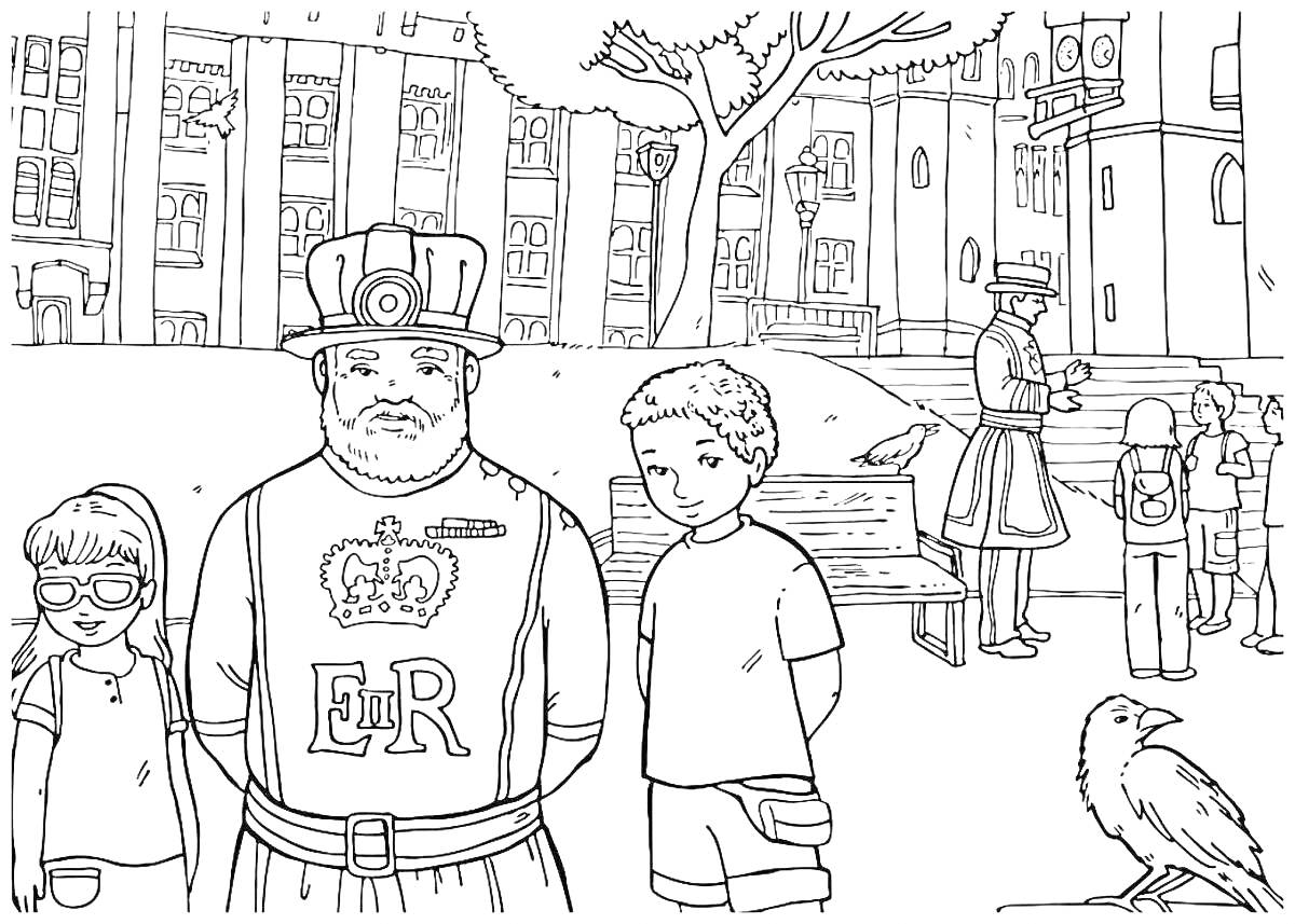 Раскраска Дети с английским королевским стражем возле здания с англиканскими воронами