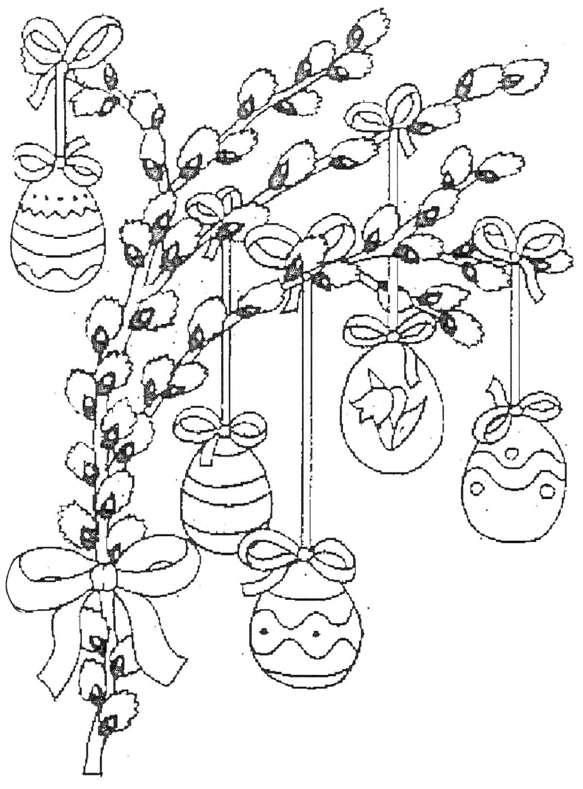 Раскраска Вербовые веточки с подвесными пасхальными яйцами (рисунки на яйцах: кролик, волны и завитки)