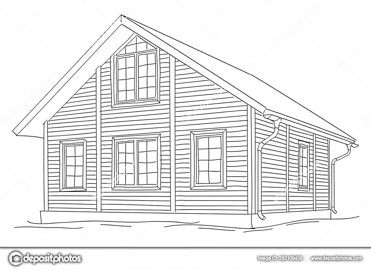 На раскраске изображено: Деревянный дом, Дом, Окна, Крыша, Архитектура, Здание