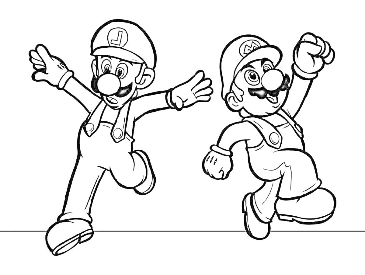 Раскраска Два персонажа в кепках, комбинезонах и перчатках на тему видеоигр