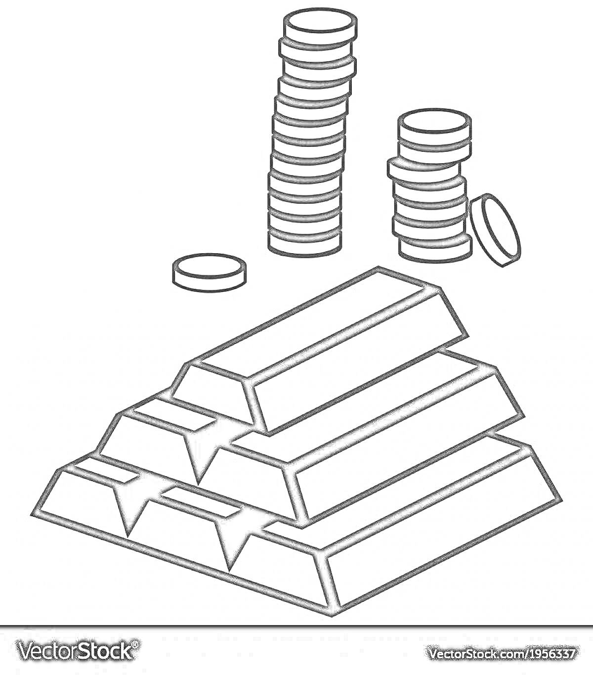 На раскраске изображено: Золото, Монеты, Стопки монет, Богатство, Финансы, Иллюстрация
