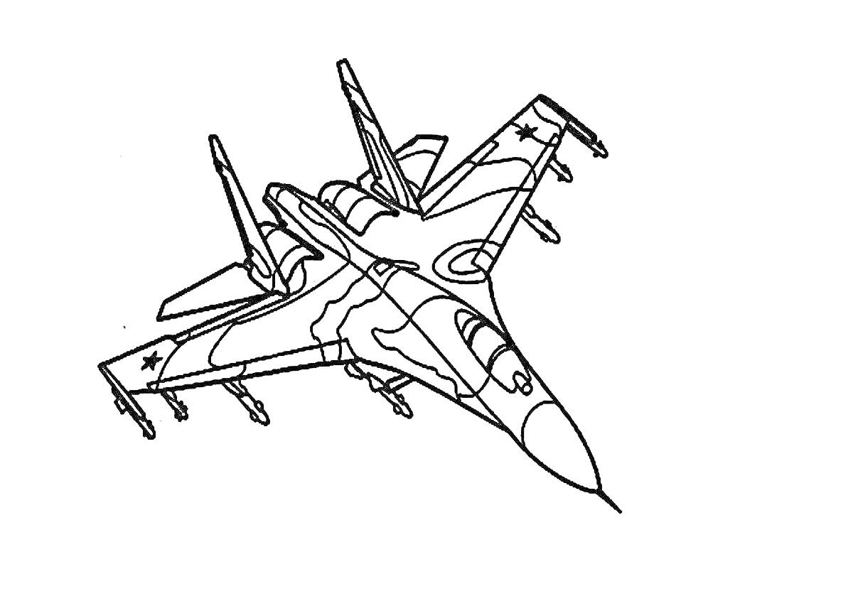 Раскраска Военный самолет Су-25 с камуфляжем и звездами на крыльях