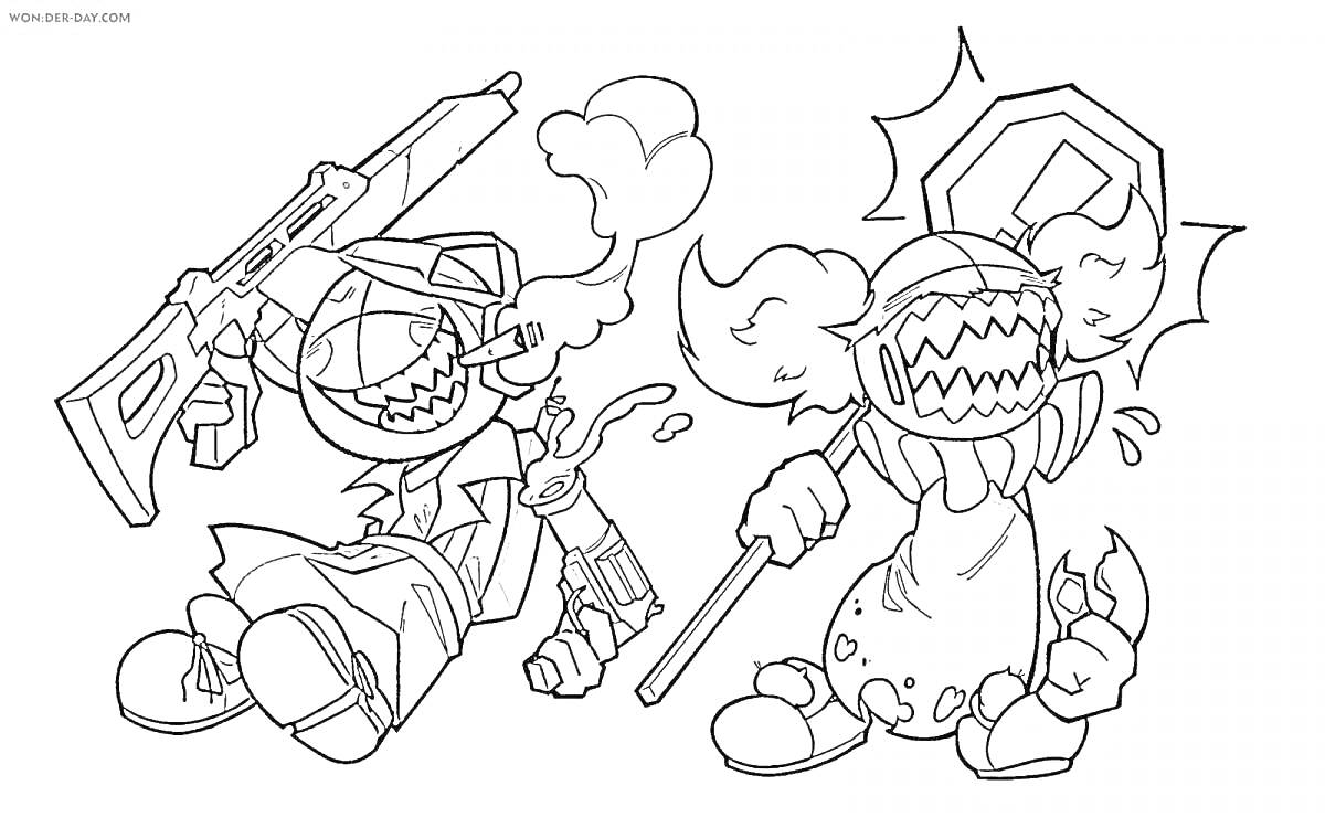Раскраска Два персонажа с большими зубами в снаряжении: один с винтовкой и другой с дубинкой и щитом