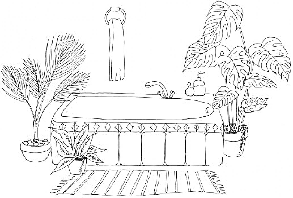 На раскраске изображено: Ванна, Полотенце, Ковер, Мыло, Комнатные растения, Монстера, Уход за растениями