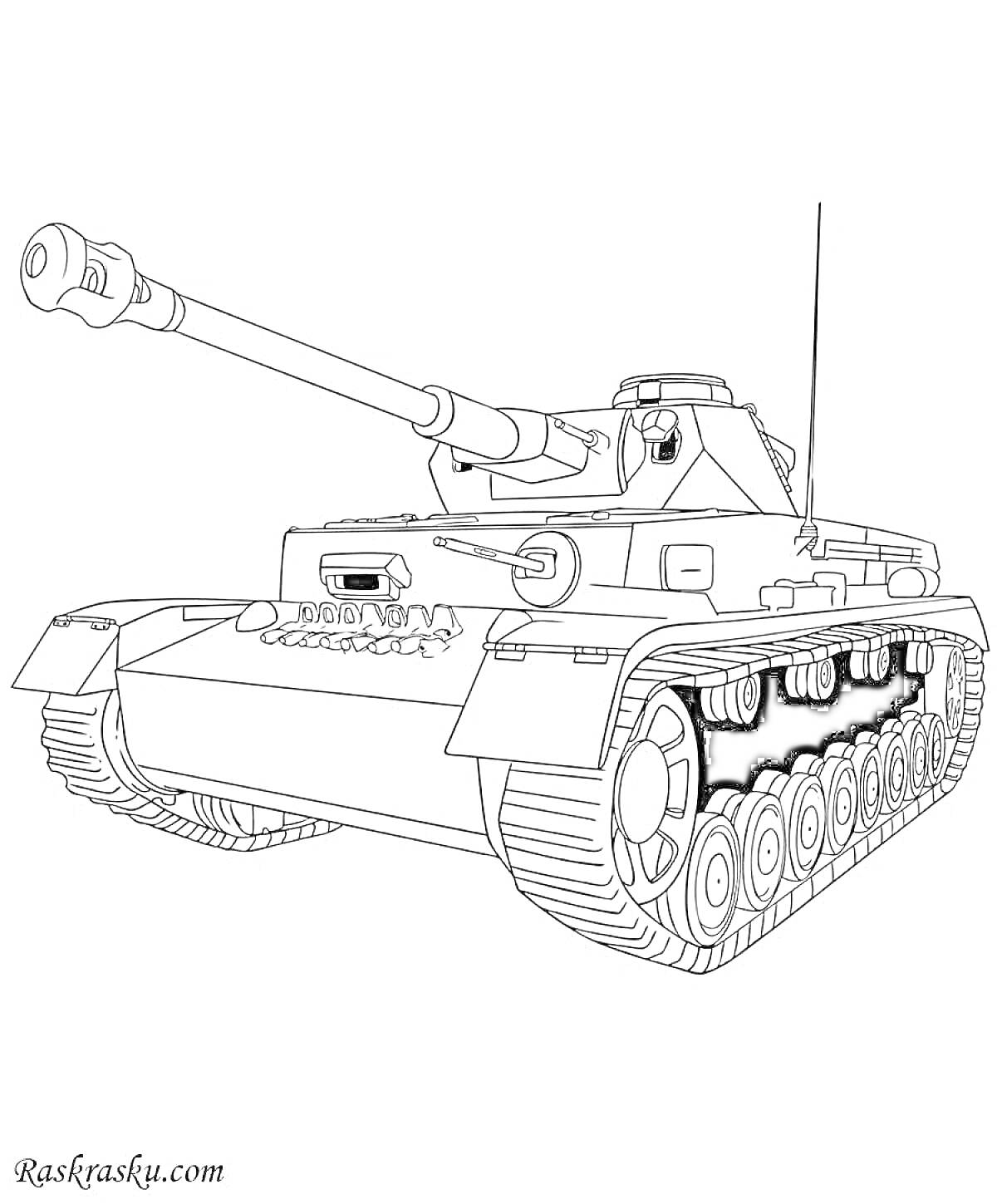 На раскраске изображено: Немецкий танк, Длинное орудие, Гусеницы, Военная техника, Бронетехника, Боевой танк, WWII
