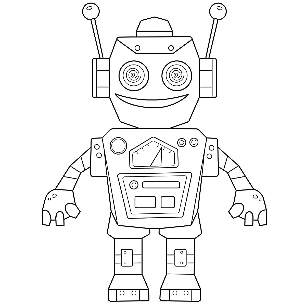 Раскраска Робот будущего с антеннами, вращающимися глазами, панелью управления и прямоугольными ногами