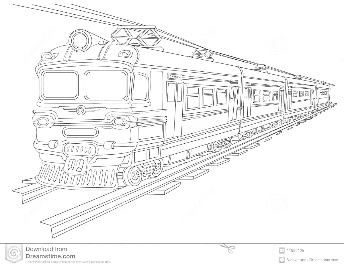 На раскраске изображено: Поезд, Призрак, Железнодорожные пути, Локомотив, Вагоны, Фантом
