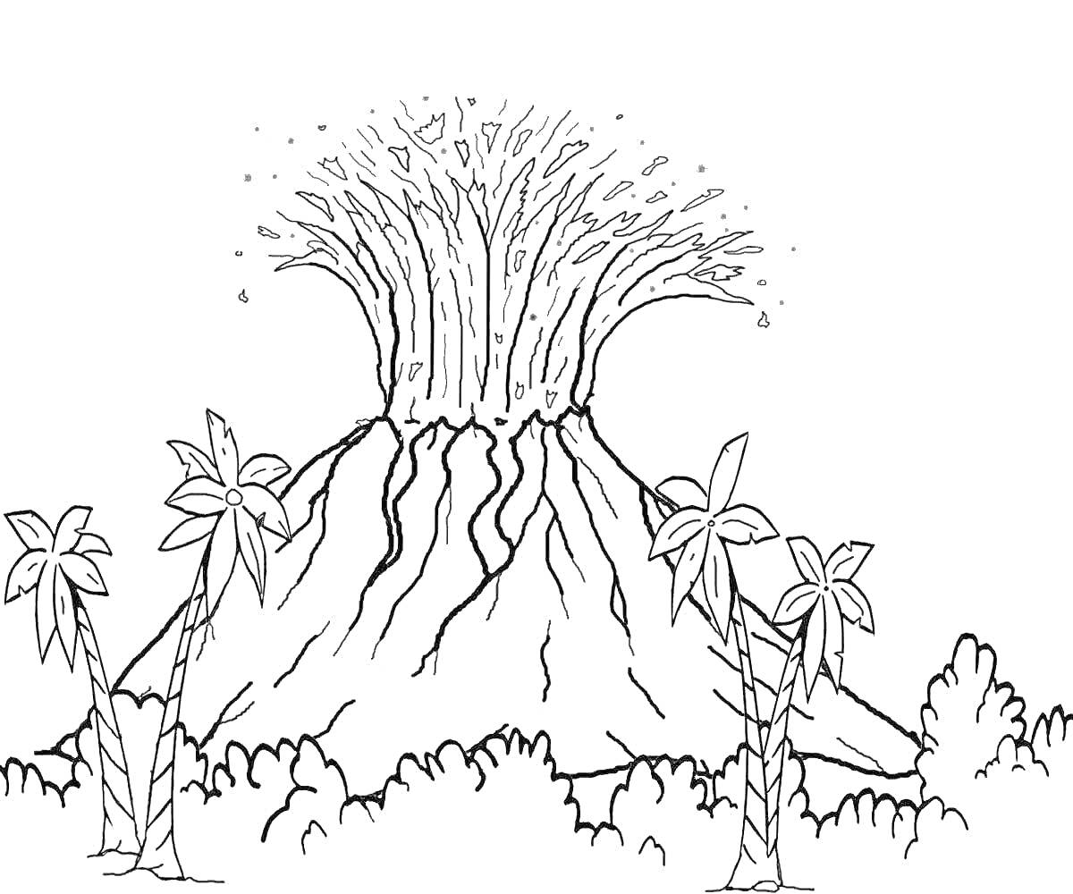 На раскраске изображено: Вулкан, Лава, Извержение, Пальмы, Природа