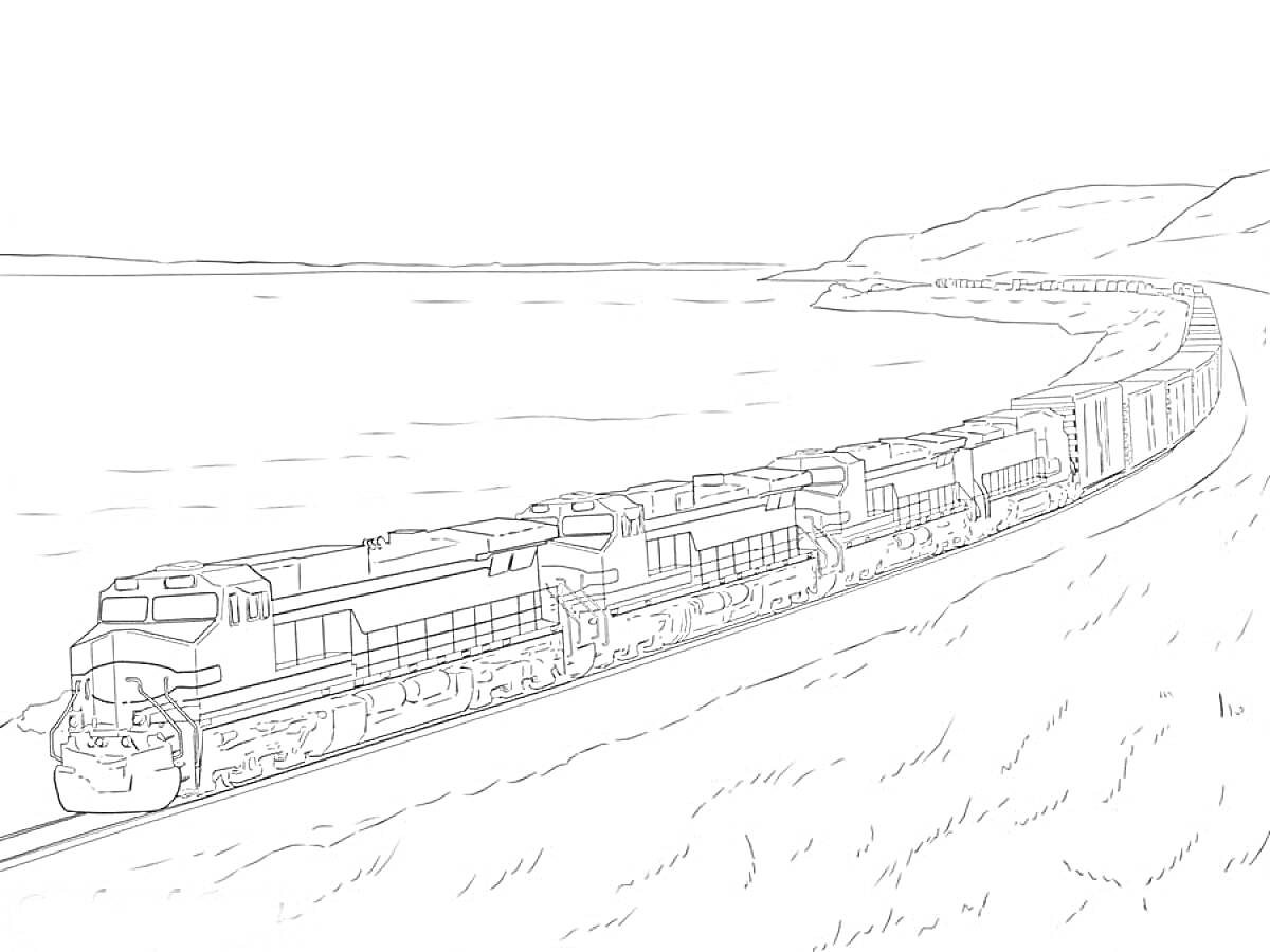 Раскраска Поезд на берегу озера или моря с холмами на заднем плане