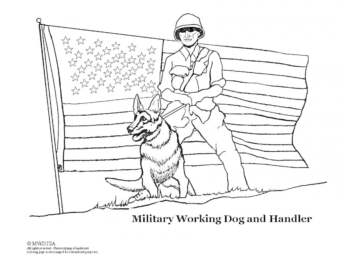Раскраска Военный с собакой на фоне флага
