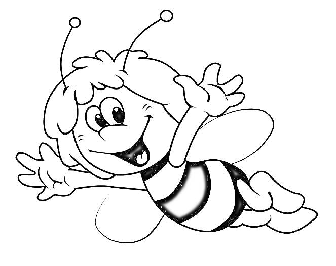 Летающая Пчелка Майя с поднятыми руками и улыбающимся лицом