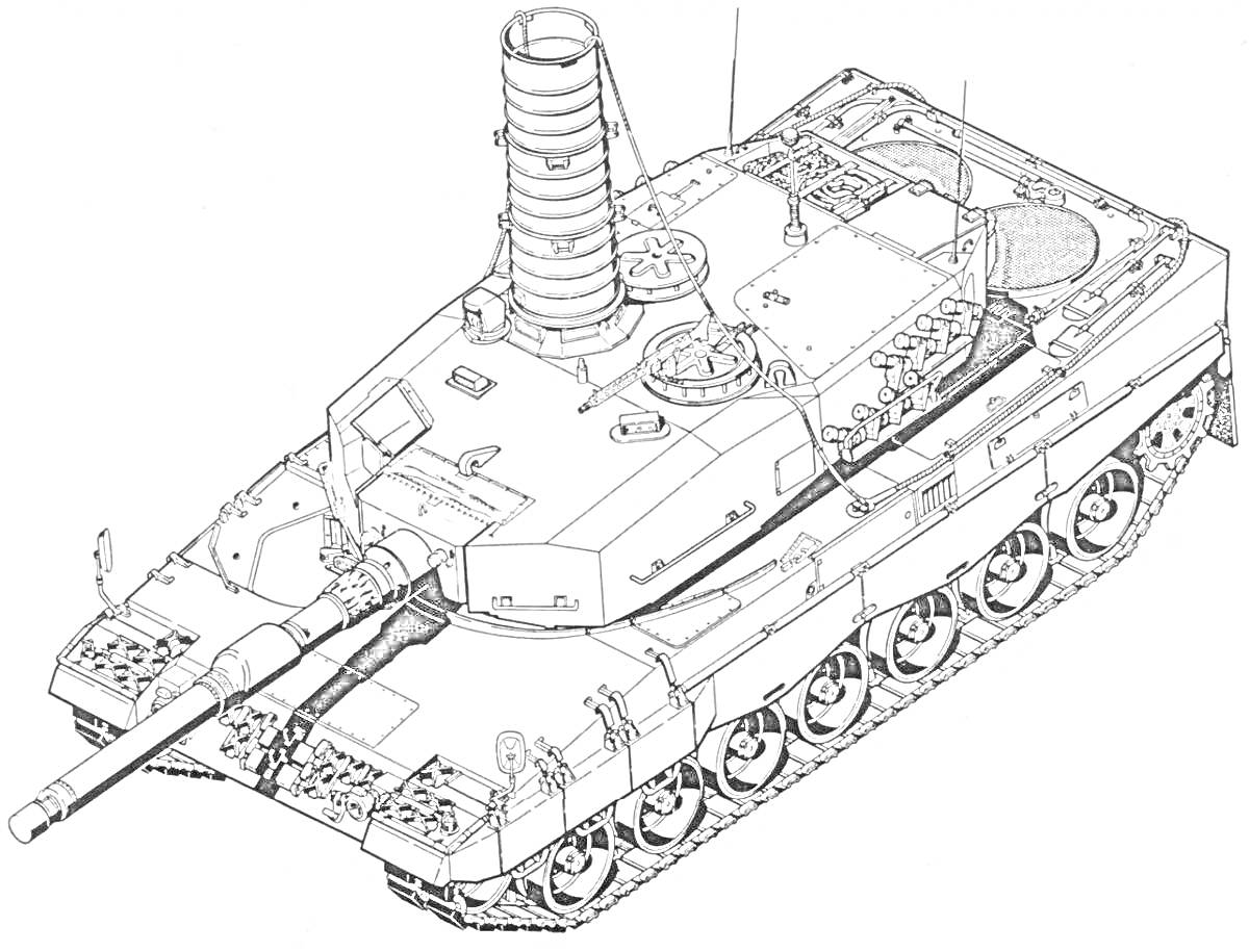 Раскраска Танк Леопард 2 в черно-белой раскраске с деталями башни, гусеницами, пушкой и антеннами