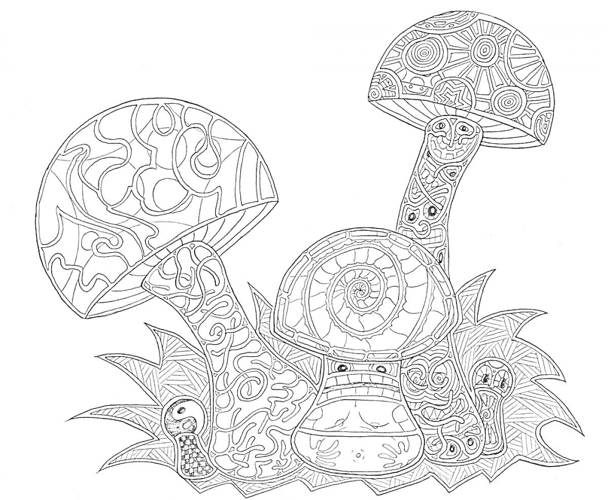 Раскраска Узорчатое изображение с тремя грибами, улиткой, камнем и травой
