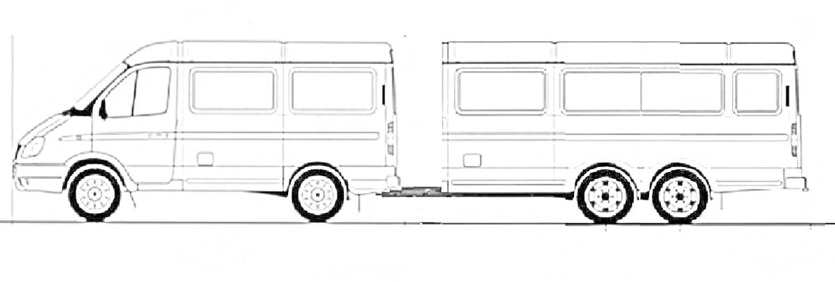 Раскраска Газель с прицепом, вид сбоку, автомобиль с двумя осями и прицеп с двумя осями