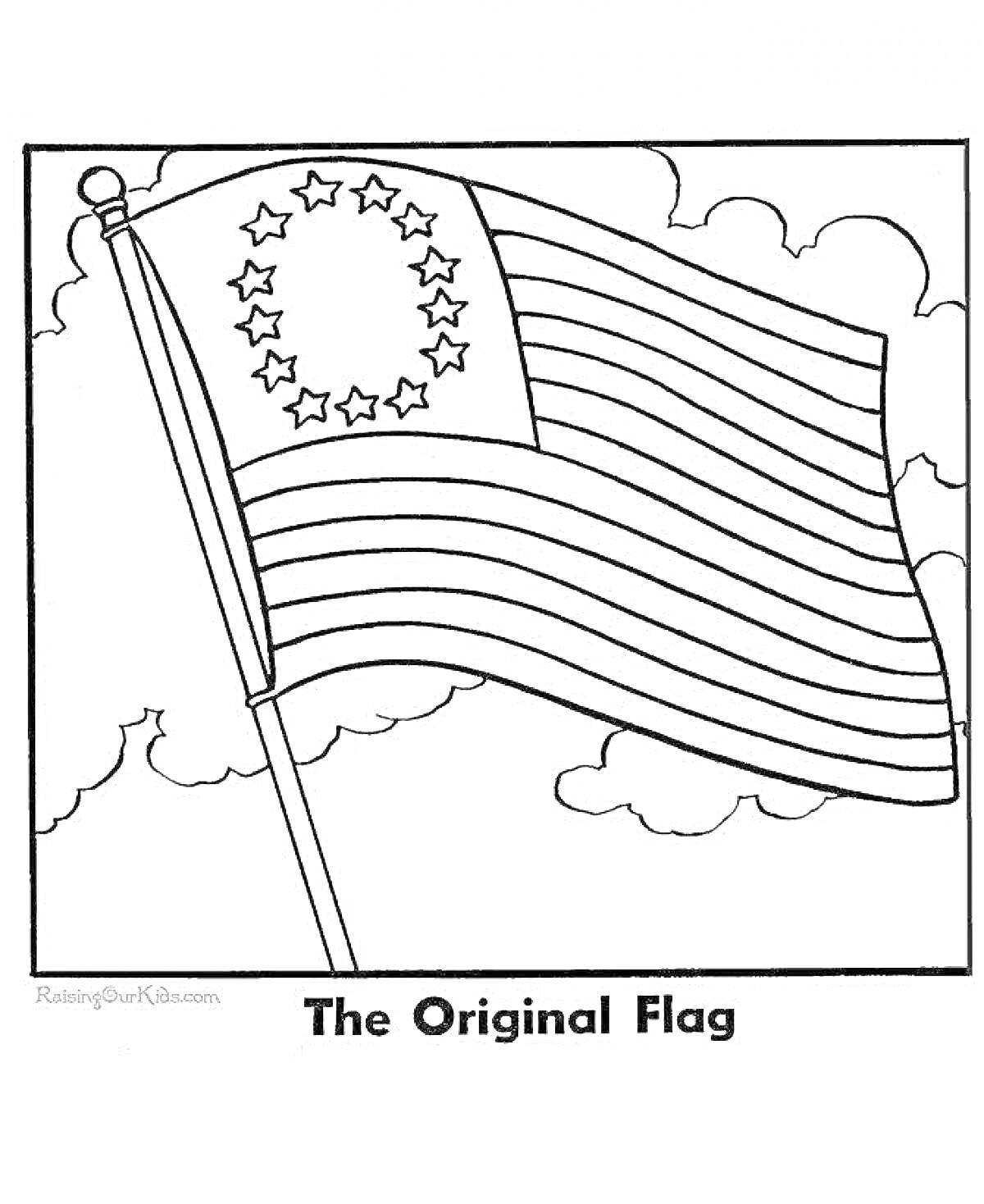 Раскраска Оригинальный американский флаг с 13 звездами, флагшток, облака, текст 