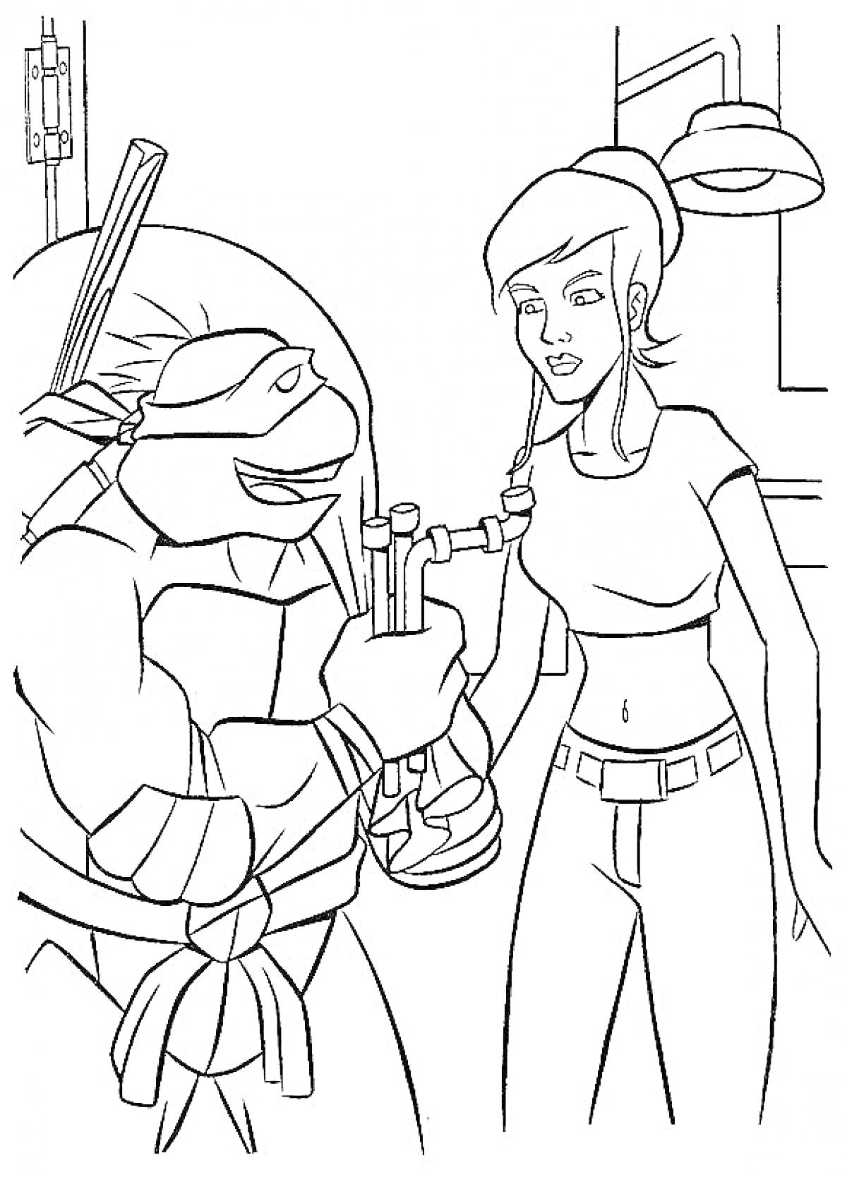 Черепашка-ниндзя и девушка в лаборатории, он держит пробирку, на фоне лампа и детали интерьера