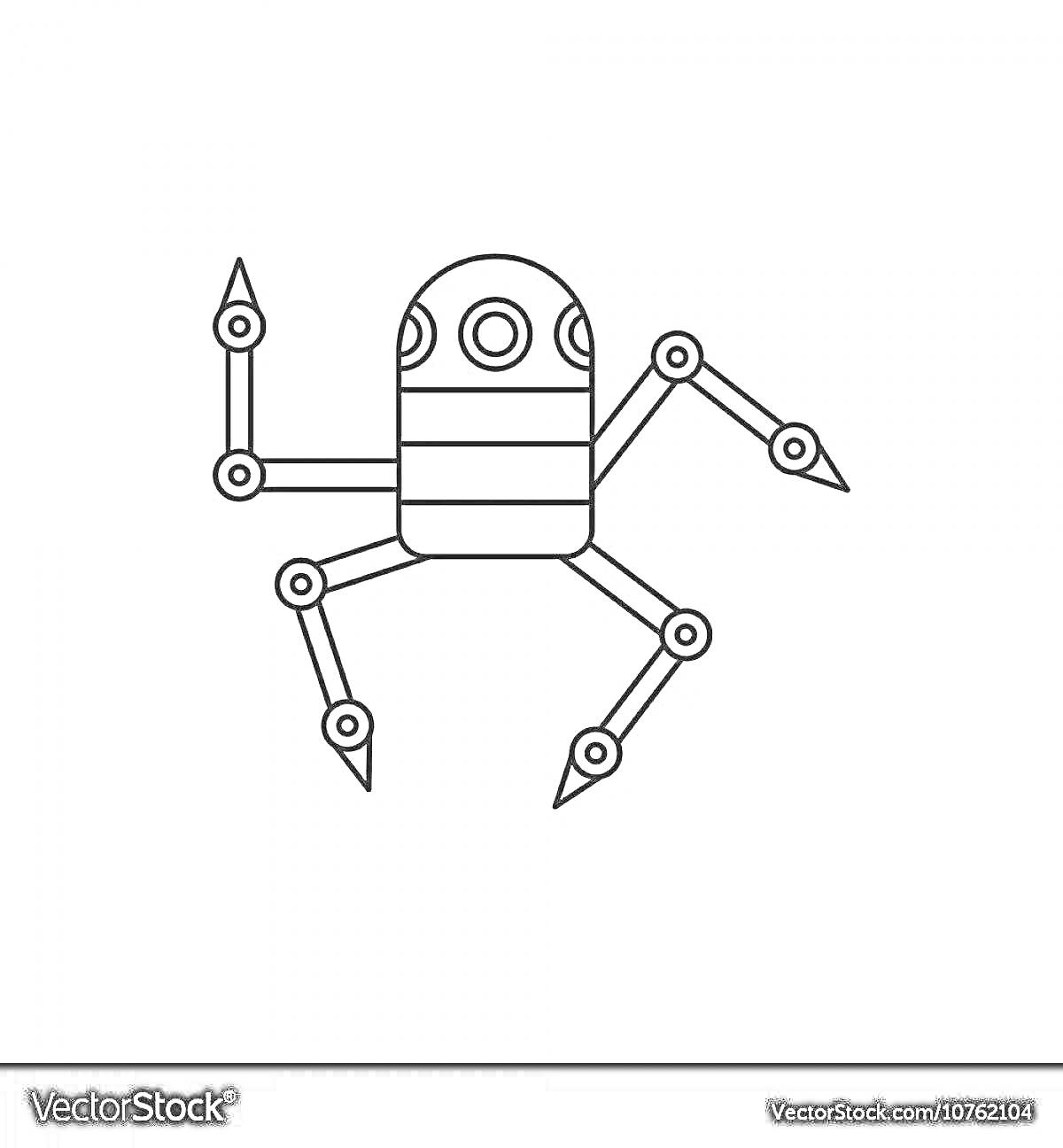 Раскраска Робот паук с круглыми глазами, тремя ногами с сочленениями и острыми концами