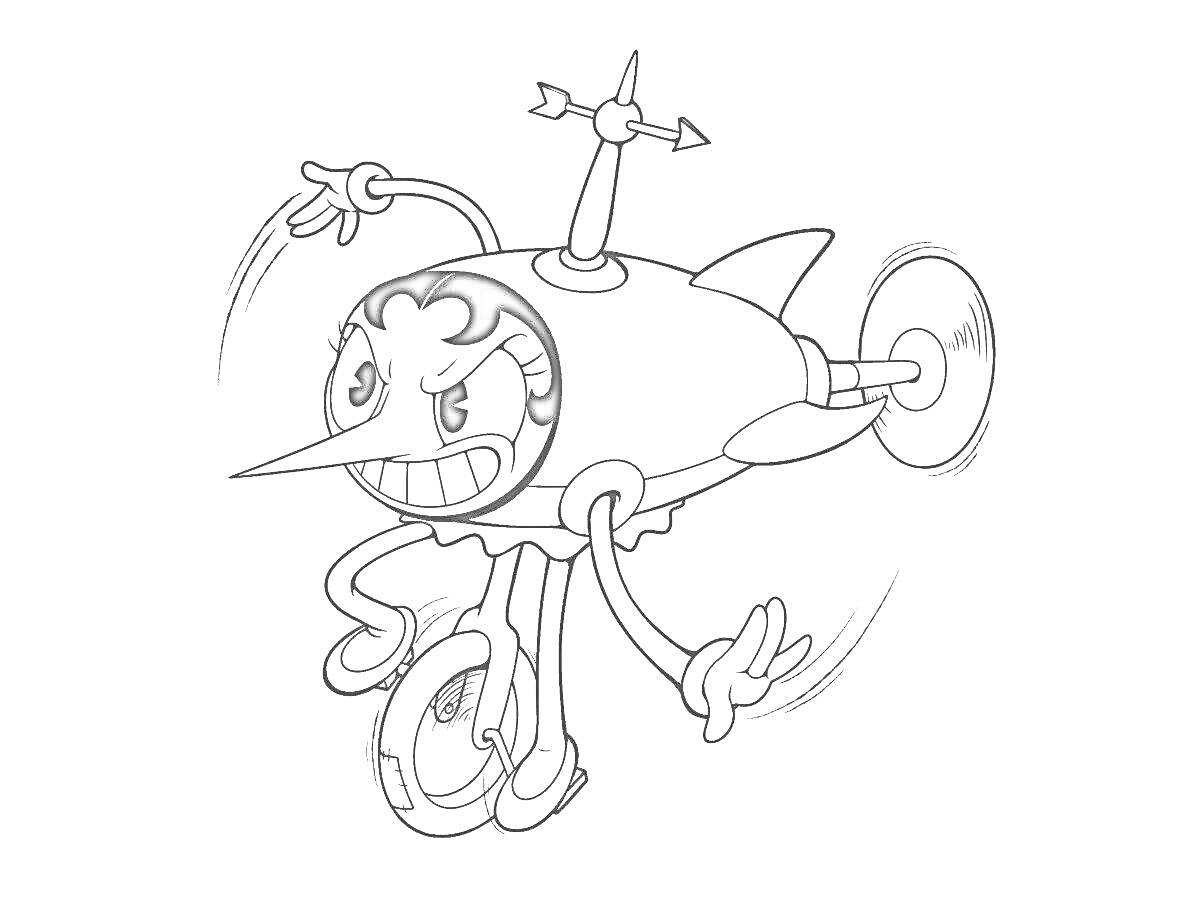 Раскраска Летающий персонаж-женщина в формате самолета с пропеллером на голове и руками-крыльями