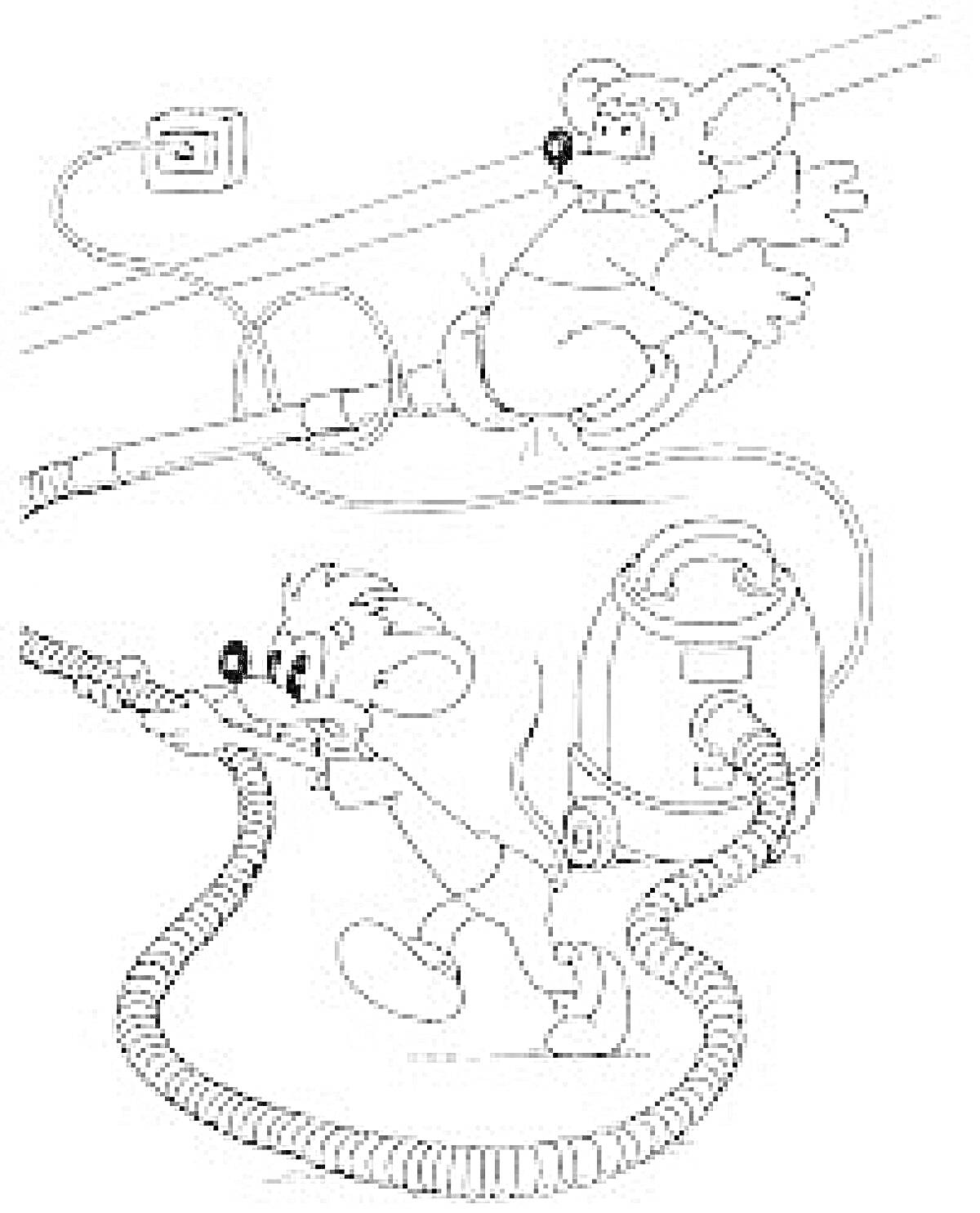 Раскраска Мыши с пылесосом в квартире: одна мышь тянет шланг, другая запуталась