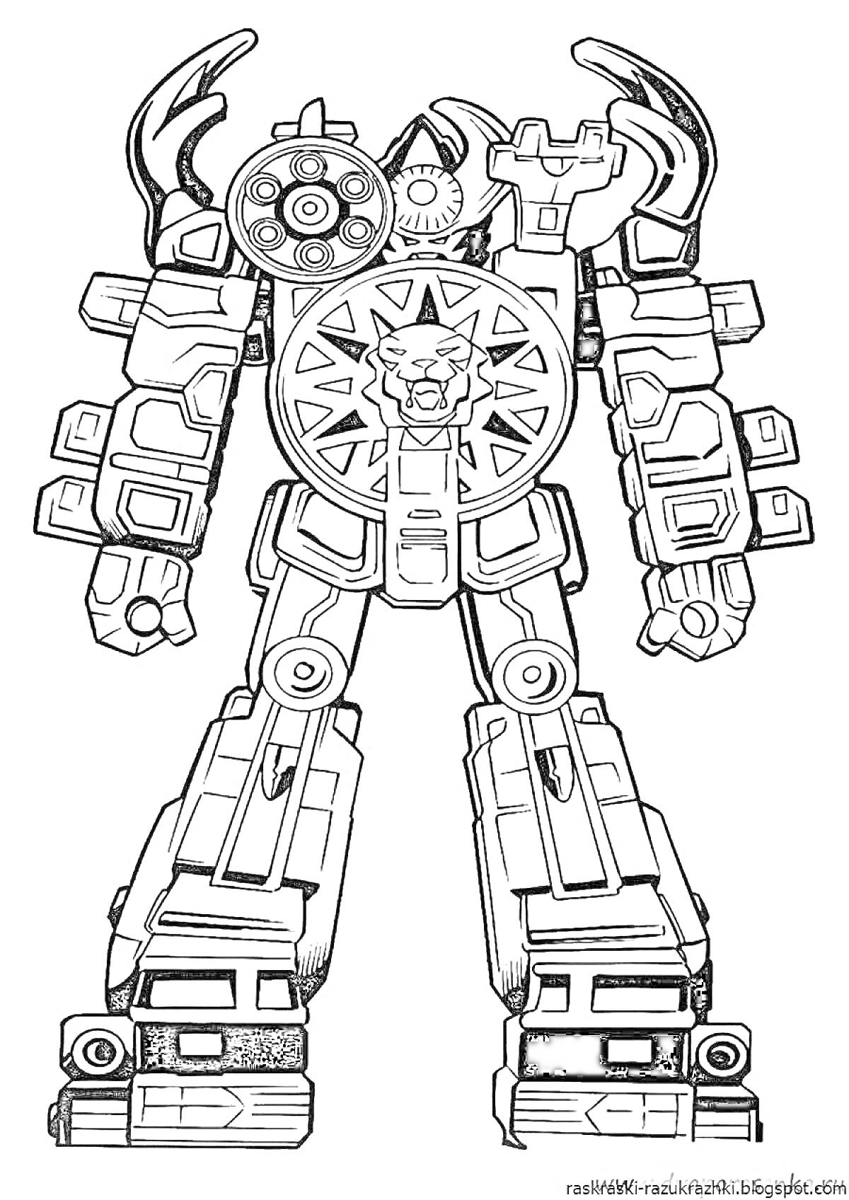 Раскраска Робот с круговым эмблемой льва на груди и пушками на плечах