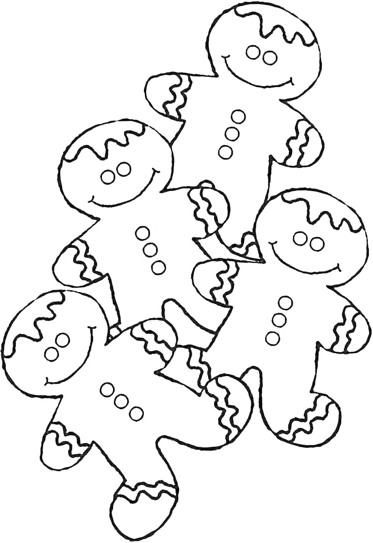 Раскраска Новогодние пряничные человечки с глазурью, четыре фигурки, улыбки, пуговицы, узор