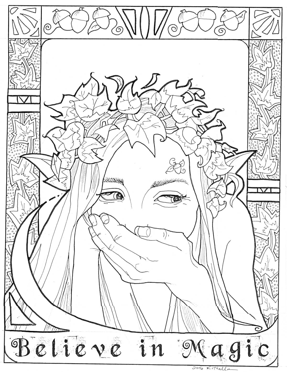 Раскраска Эльфийка с венком из листьев, закрывающая рот рукой, с надписью 