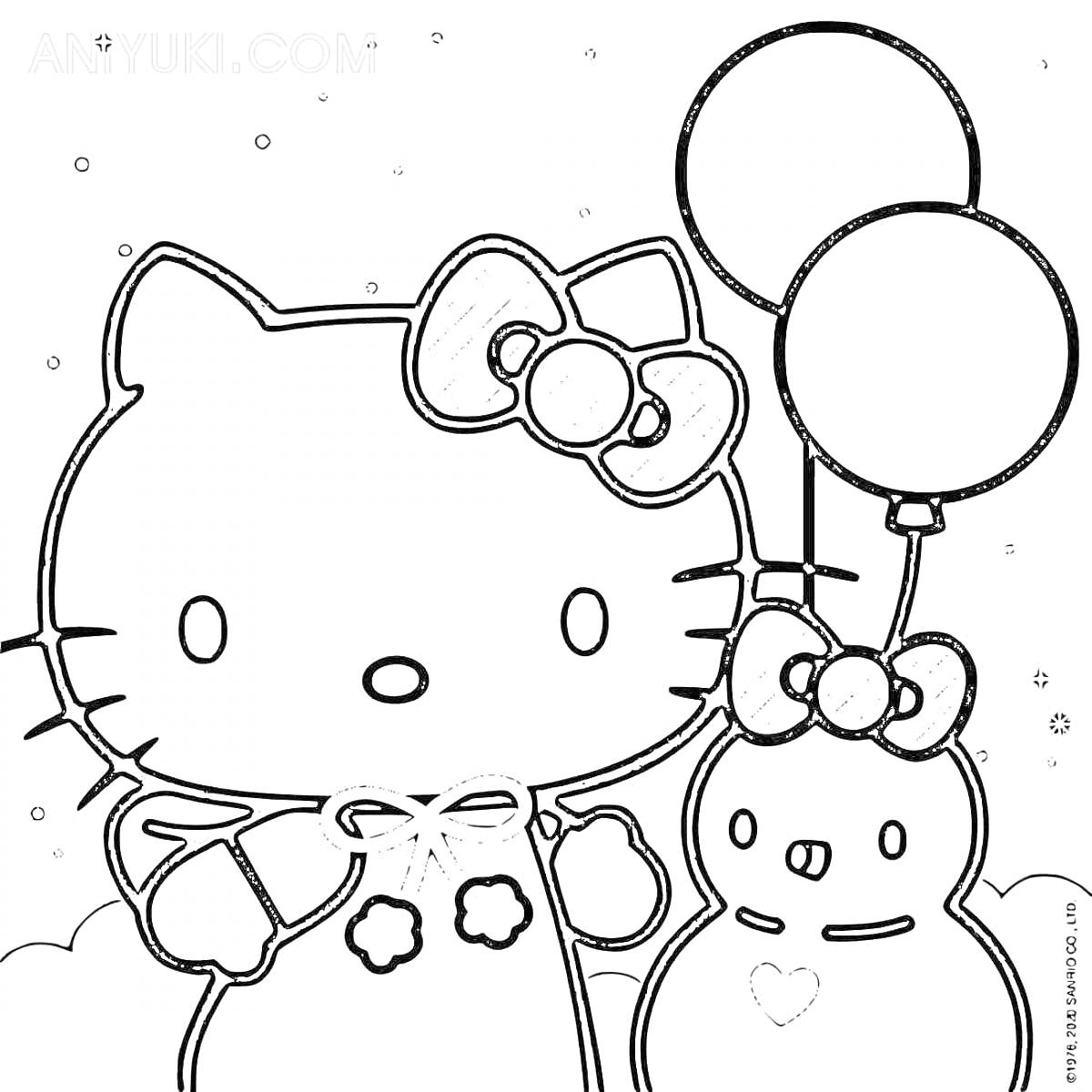 Раскраска Hello Kitty и снеговик с воздушными шарами