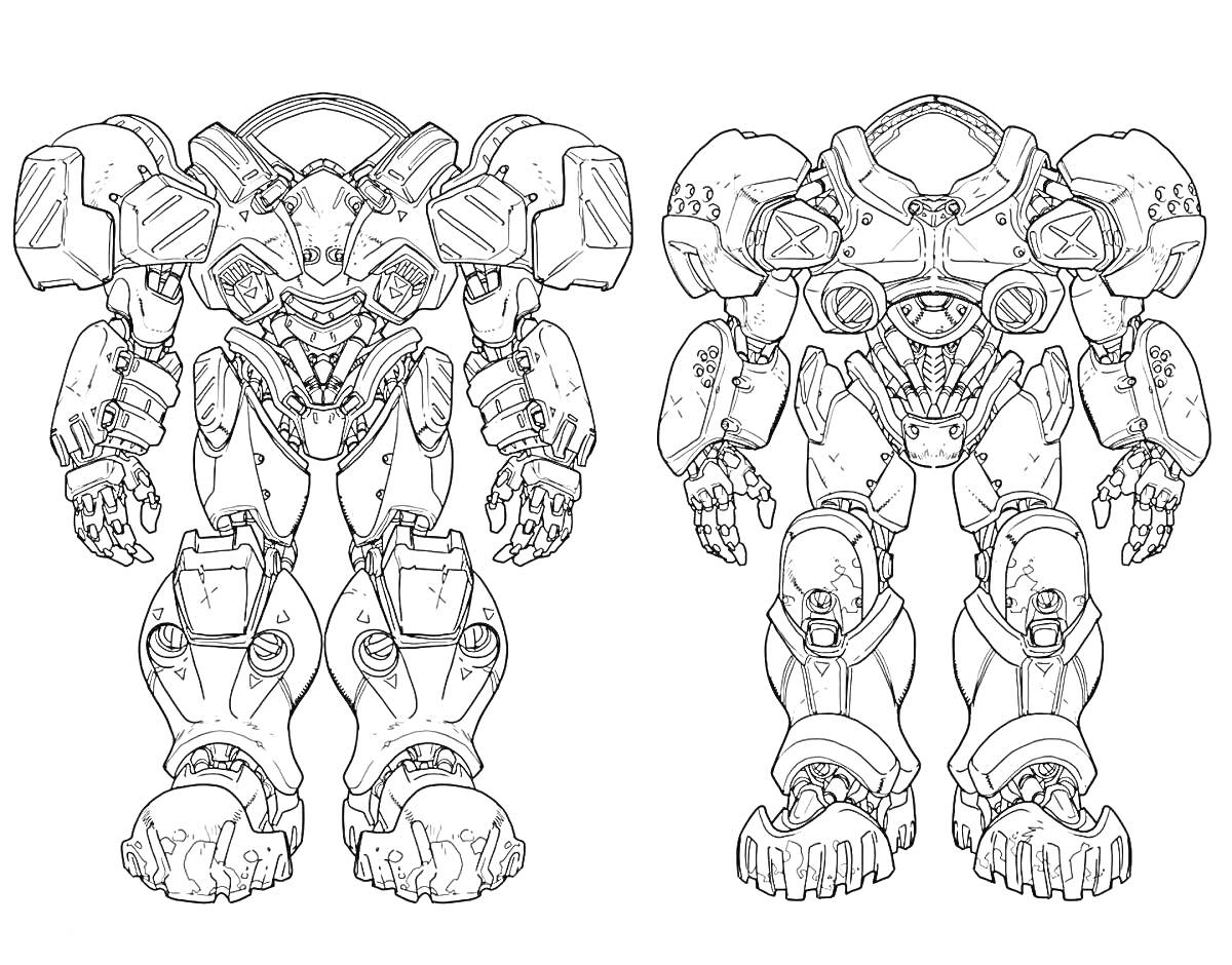 Раскраска Два робота из Старкрафта со сложными механическими деталями и массивными конечностями