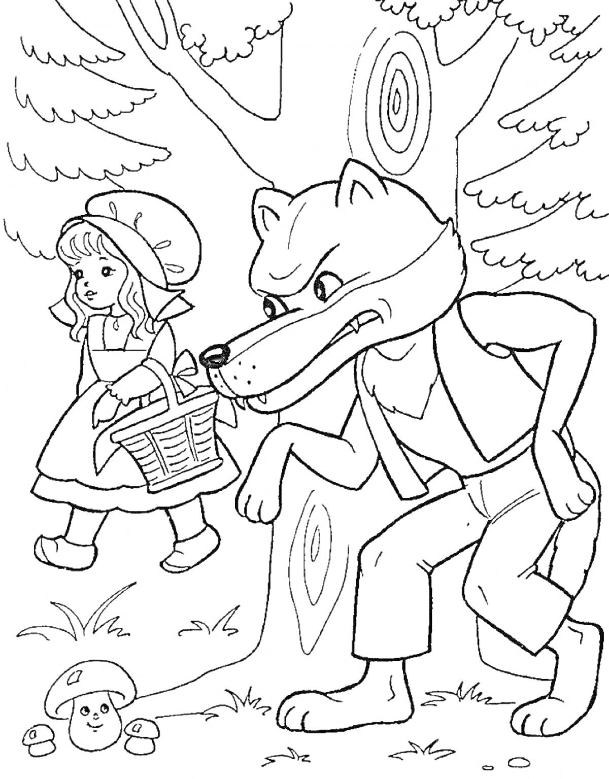 Раскраска Волк и девочка с корзиной в лесу