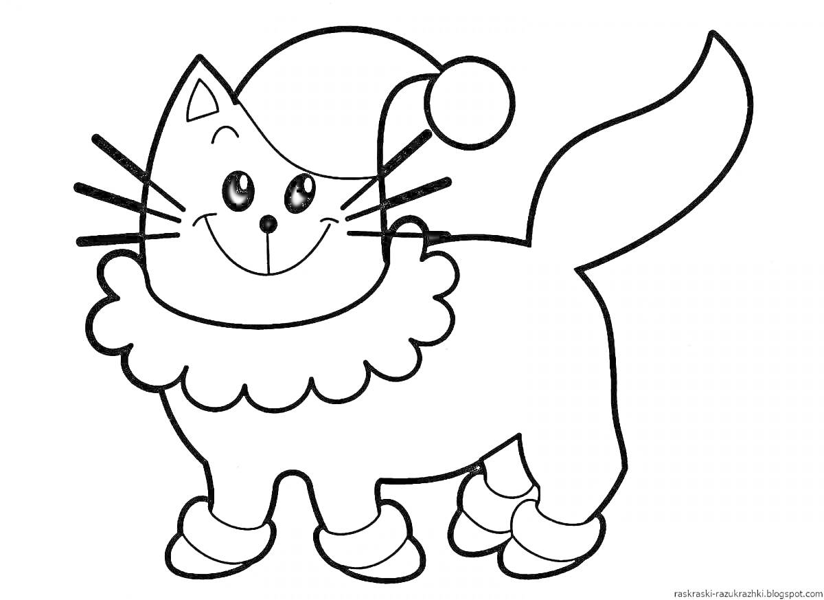 Раскраска Кошка в колпаке с помпоном и пуховым воротником, с полосатыми лапками