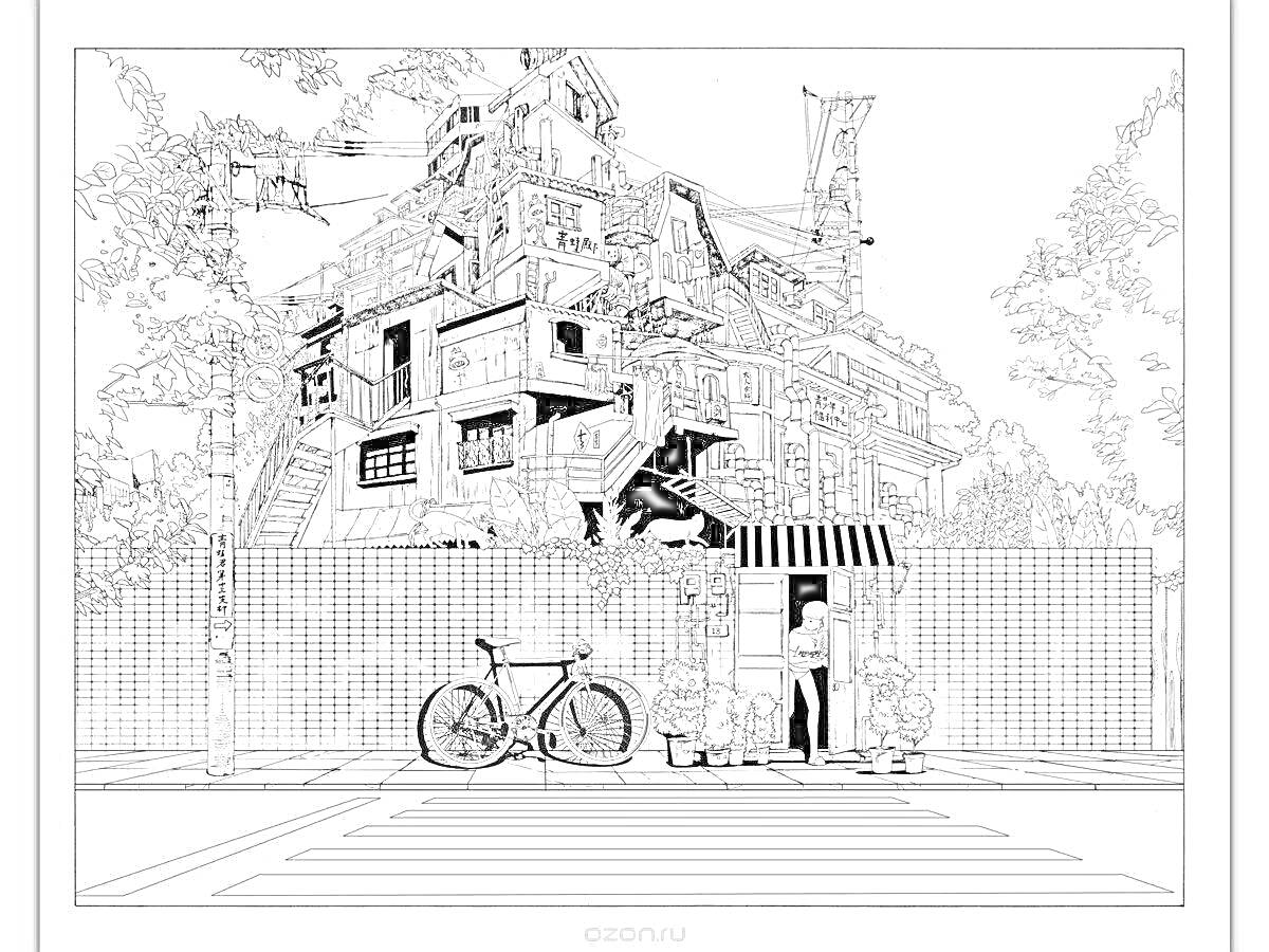 Раскраска Дом, забор, велосипед, киоск, деревья на заднем плане