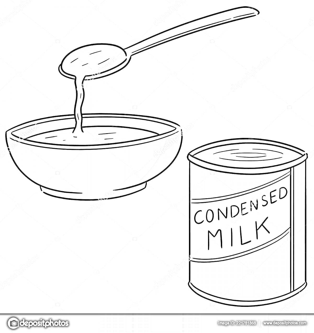 Раскраска Ложка с миской сгущенного молока и банка сгущенного молока