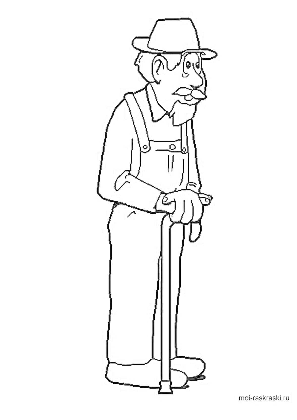 Раскраска Дедушка в шляпе с тростью в комбинезоне