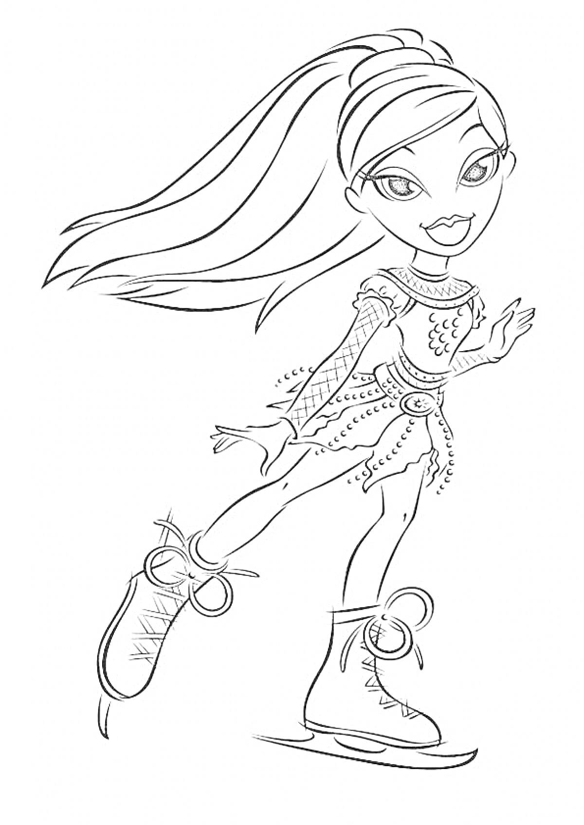 Раскраска Девочка из коллекции Bratz на коньках с длинными волосами в коротком платье